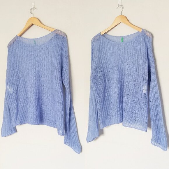 United Colors Of Benetton Sheer Mohair Blend Pullover Sweater L Periwinkle Blue - Picture 1 of 15